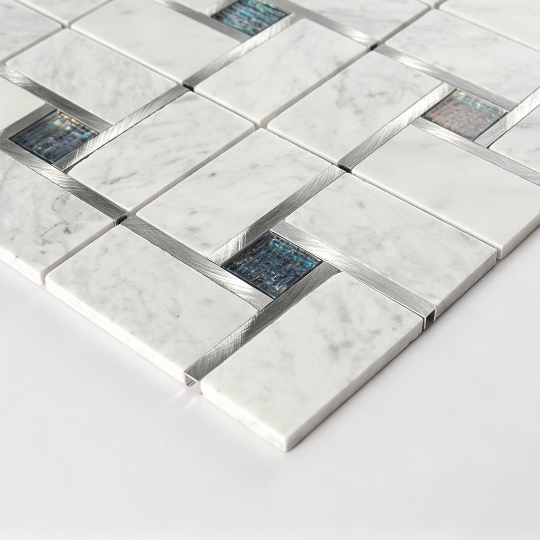 An angled side view highlighting the thickness and neat edges of the mosaic tile sheet.