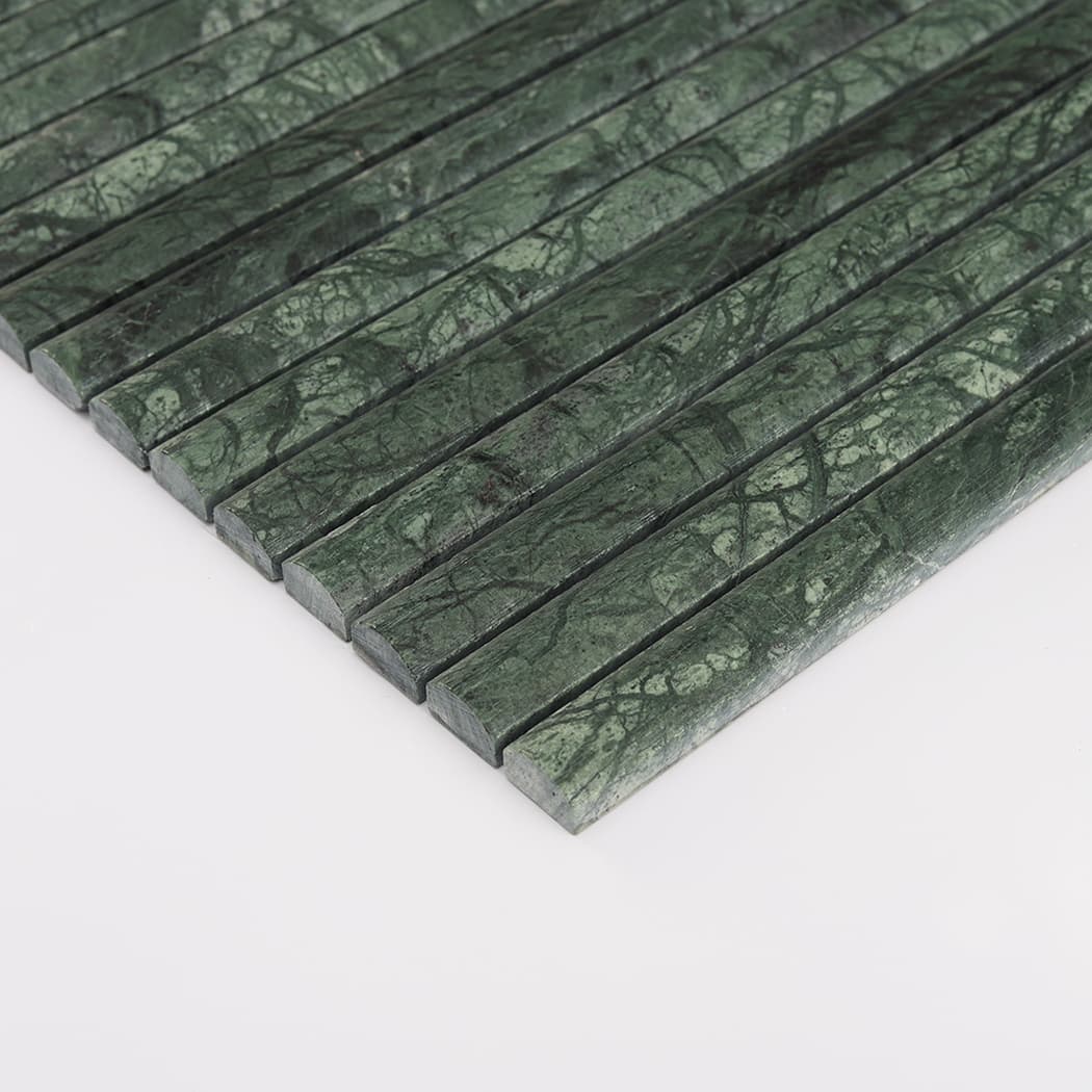 Angled side view highlighting the thickness and rounded profile of green marble kit kat strips.