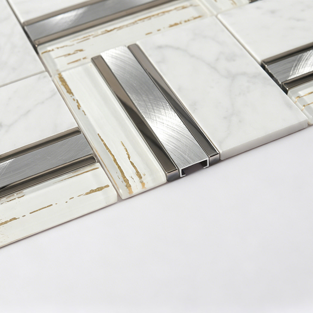 An angled side profile view highlighting the thickness and edges of the mixed mosaic tile.