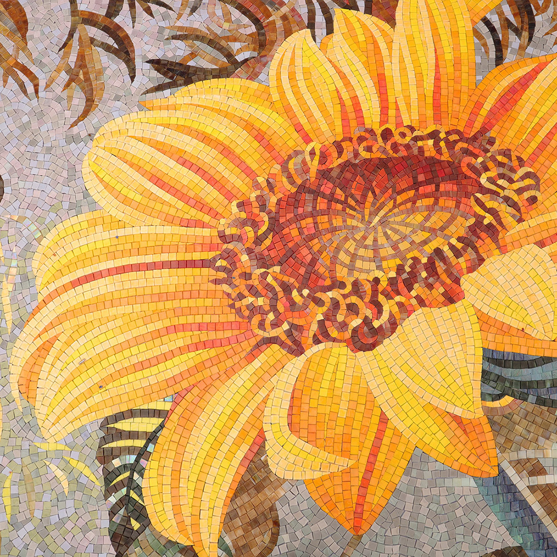 Close-up of side sunflower with yellow petals and gray mosaic background