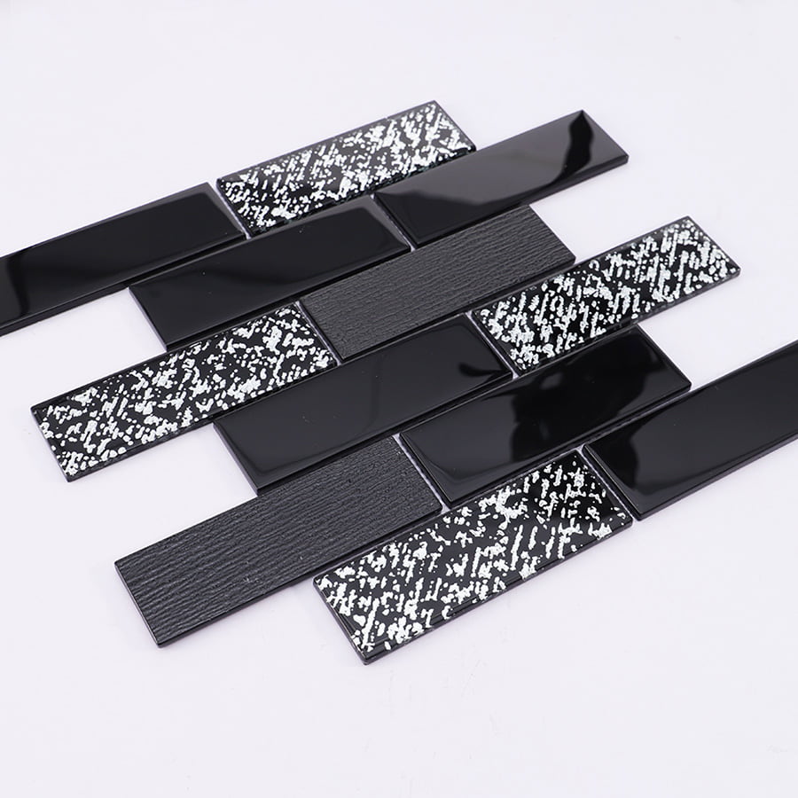 Side view of black and silver subway glass mosaic tile layout