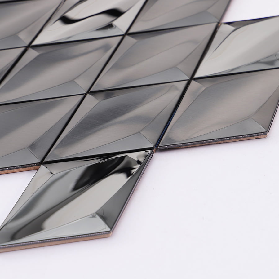 Side view of black stainless steel diamond mosaic tile panel and edges