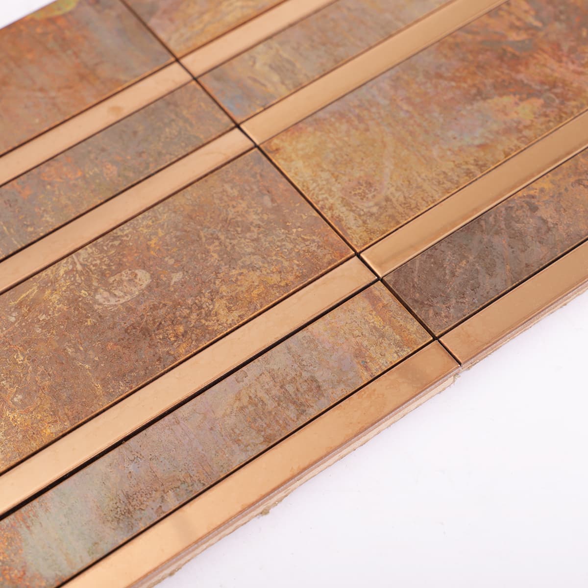 Side view of copper and stainless steel mosaic tile sheet