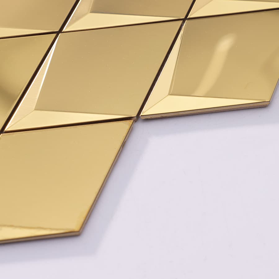 Side view of gold stainless steel 3D diamond mosaic tile panel and edges