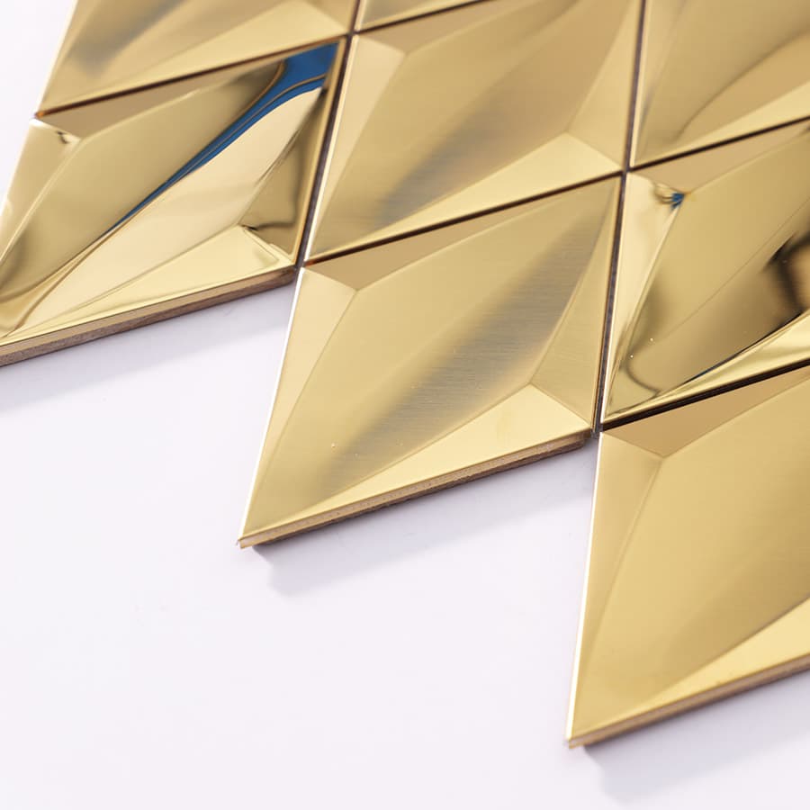Side view of gold stainless steel diamond mosaic tile panel and edges