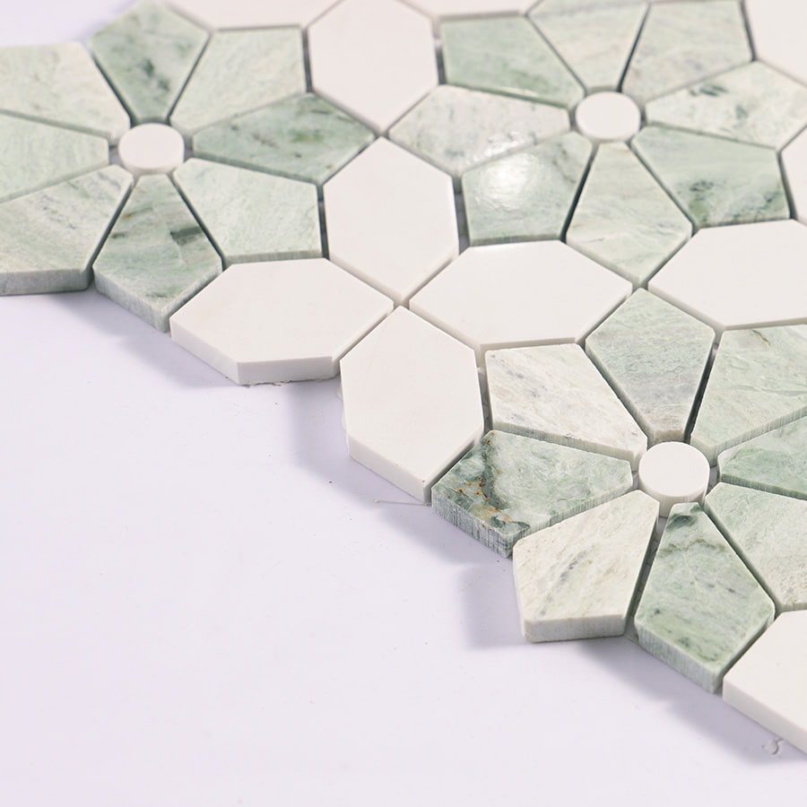 Side angle of green flower pattern mosaic tile sheet