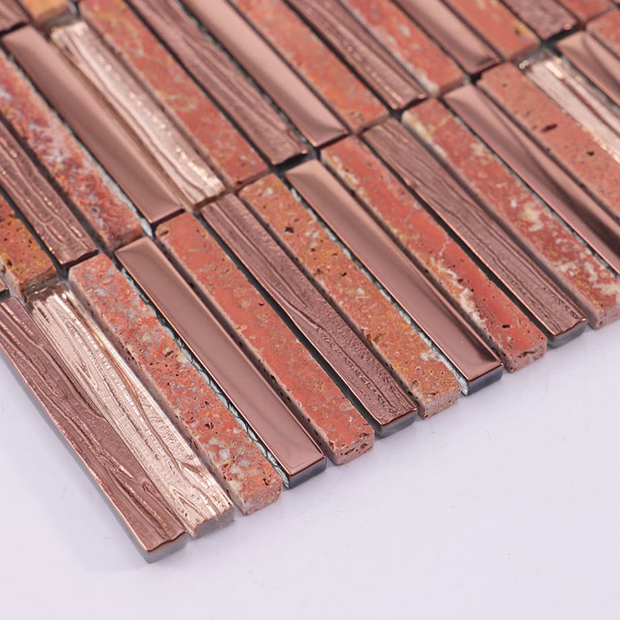 Side close up of red brown mosaic tile edges