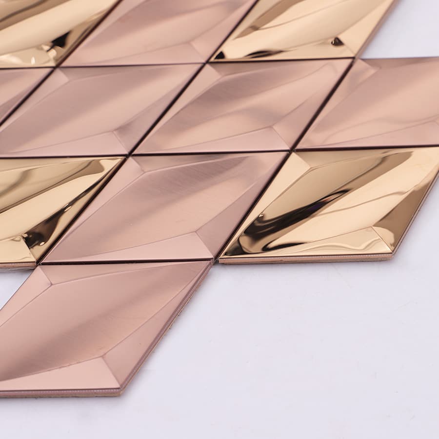 Side view of rose gold stainless steel 3D diamond mosaic tile panel