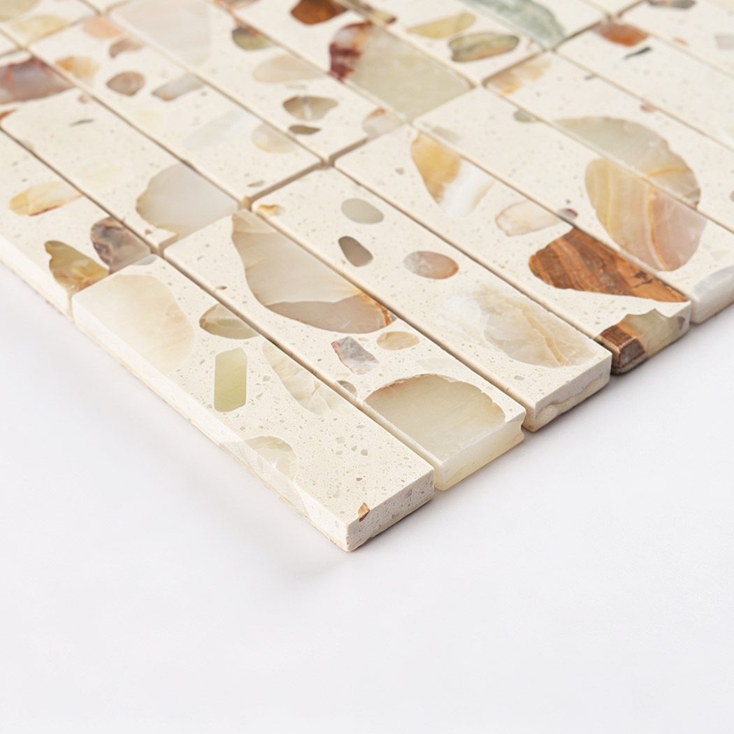 Side view showing thickness and polished edges of terrazzo mosaic tiles