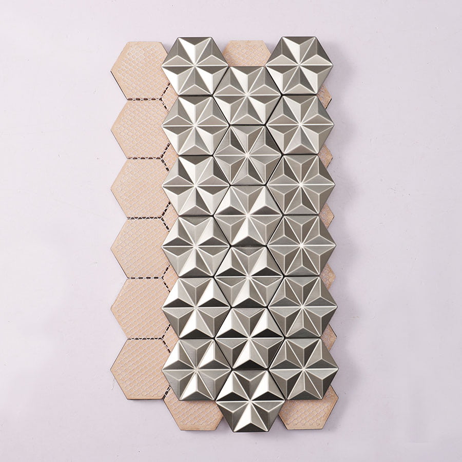 Back view of silver 3d hexagon stainless steel mosaic tile sheet