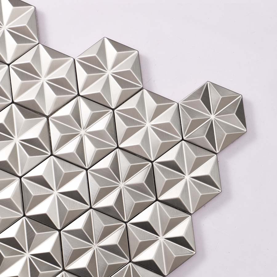 Close-up angled view of silver 3d hexagon stainless steel mosaic tile