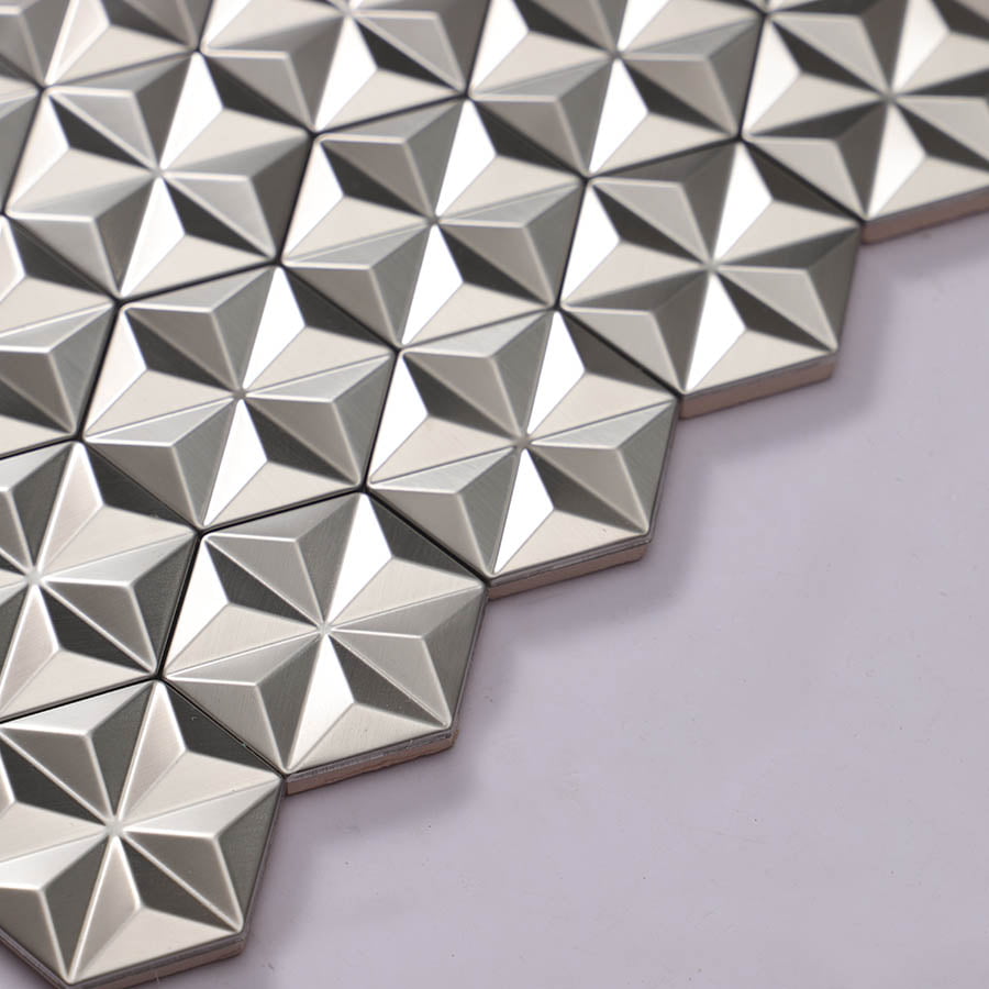 Edge detail of silver 3d hexagon stainless steel mosaic tile