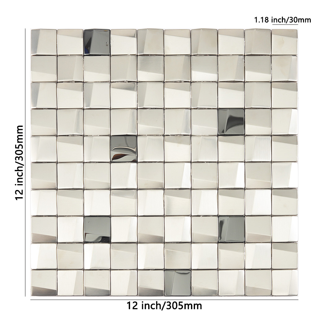 Silver 3D metal mosaic tile showing 12 inch sheet size and 30mm small squares.