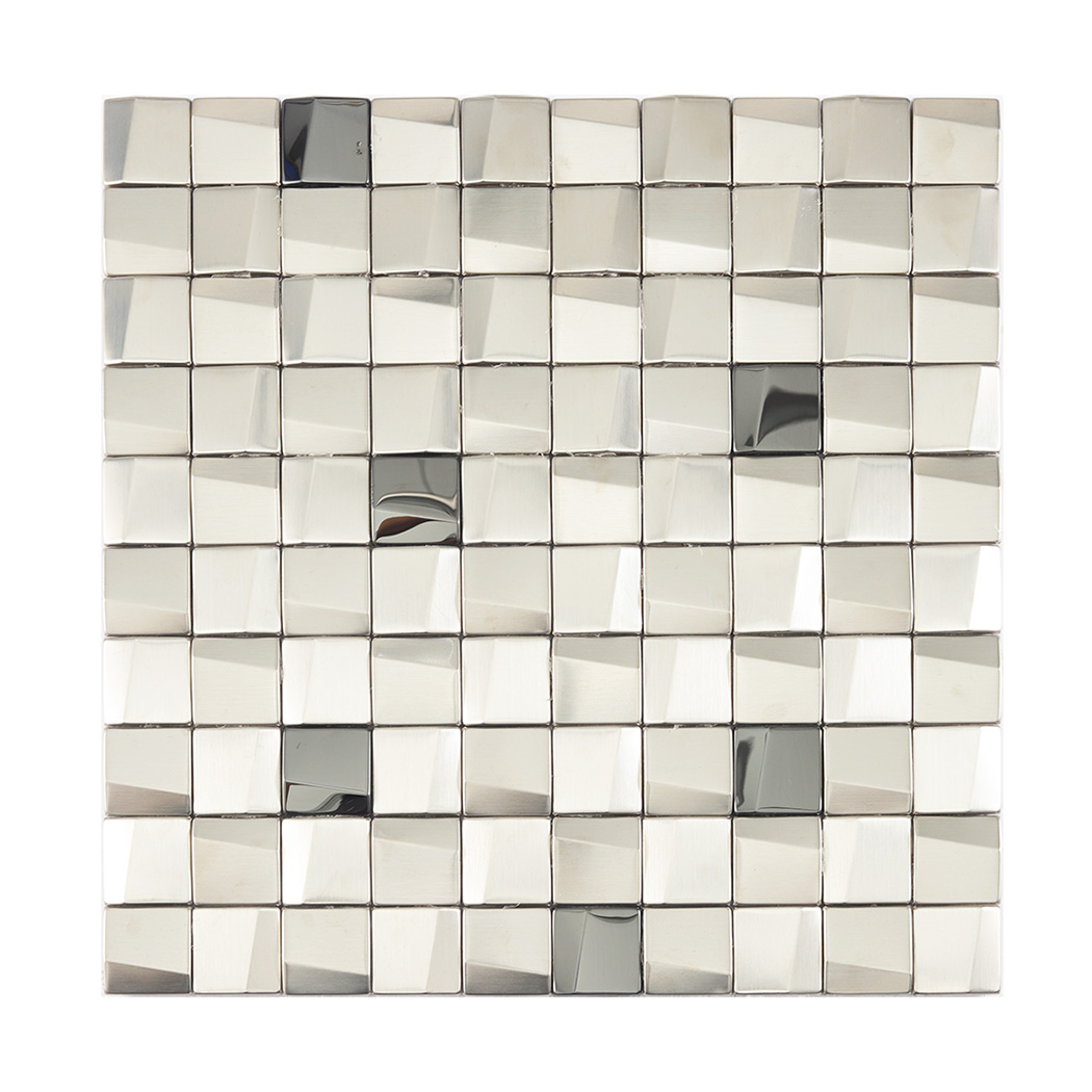 A full sheet of silver 3D square metal mosaic tiles with scattered black accents.