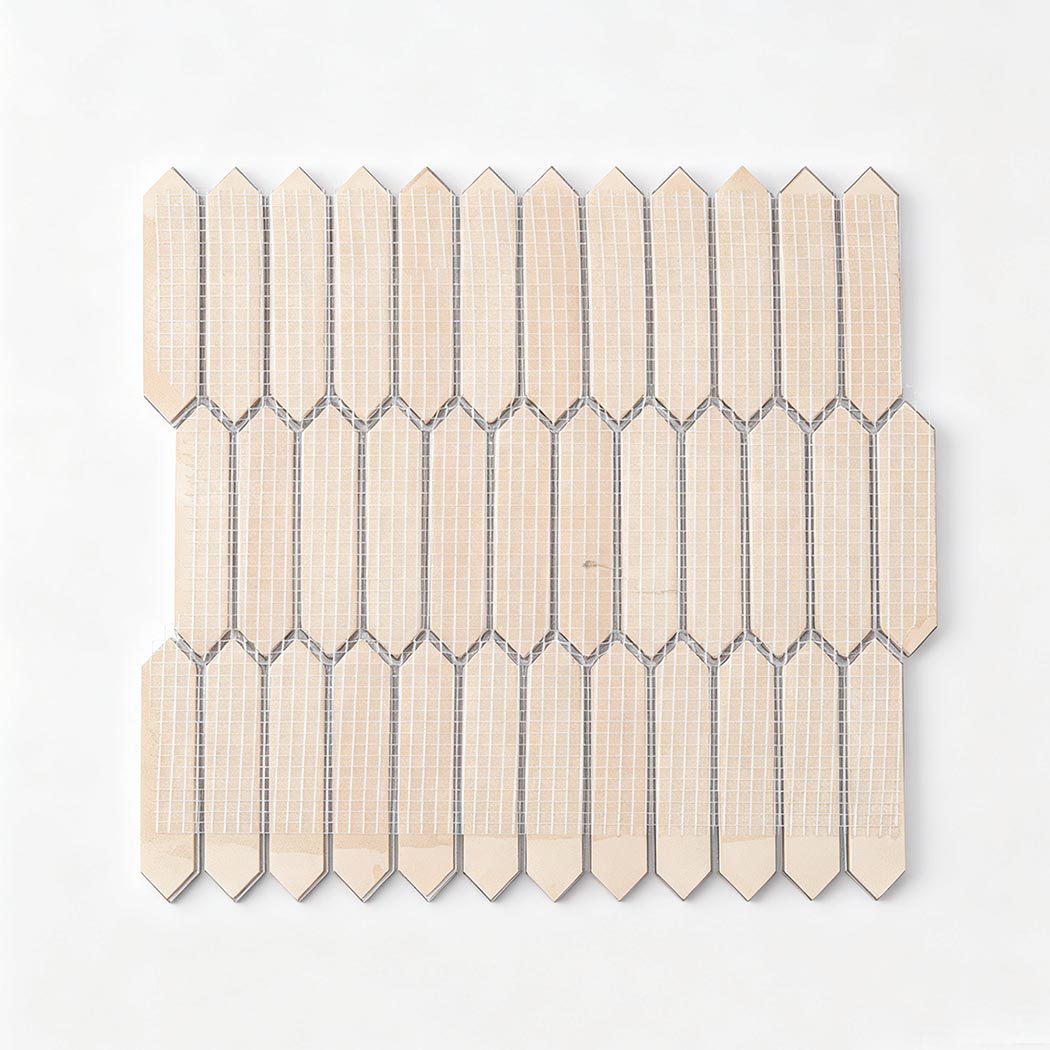 Rear fiber mesh backing on silver aluminum picket tile sheet