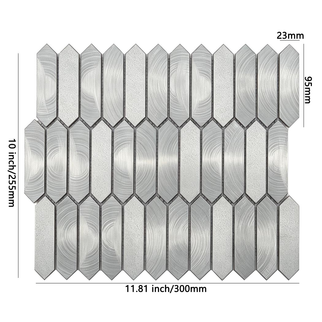 Dimension specs for silver aluminum elongated picket mosaic sheet