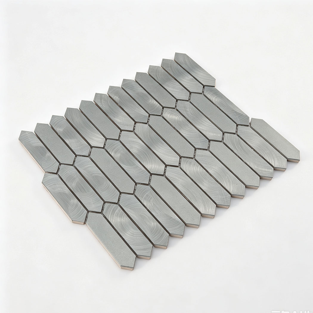 Angled studio display of silver aluminum elongated picket mosaic