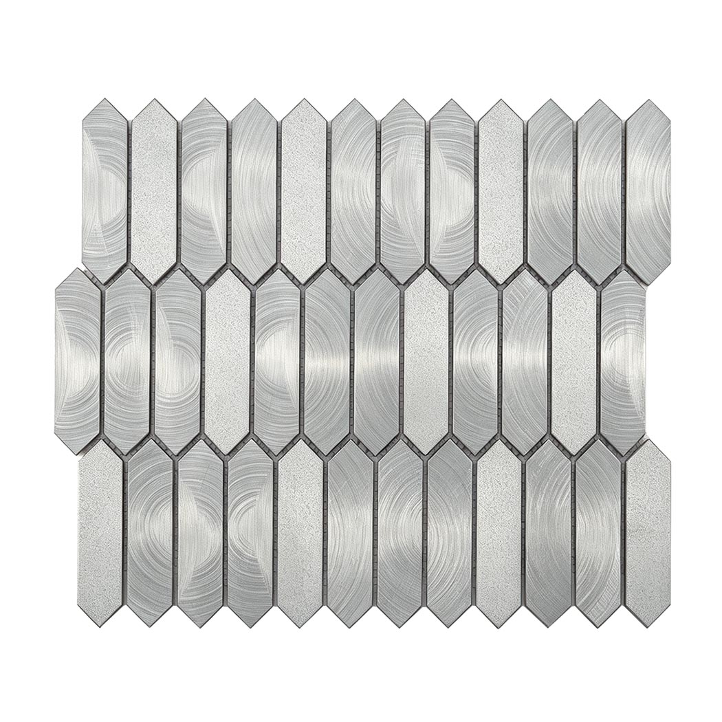 Flat top view of silver aluminum elongated picket mosaic sheet