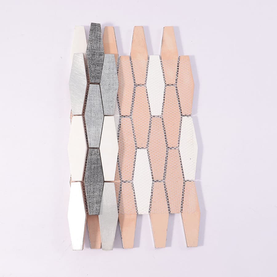 Back view of silver aluminum mosaic tile sheet with mesh backing