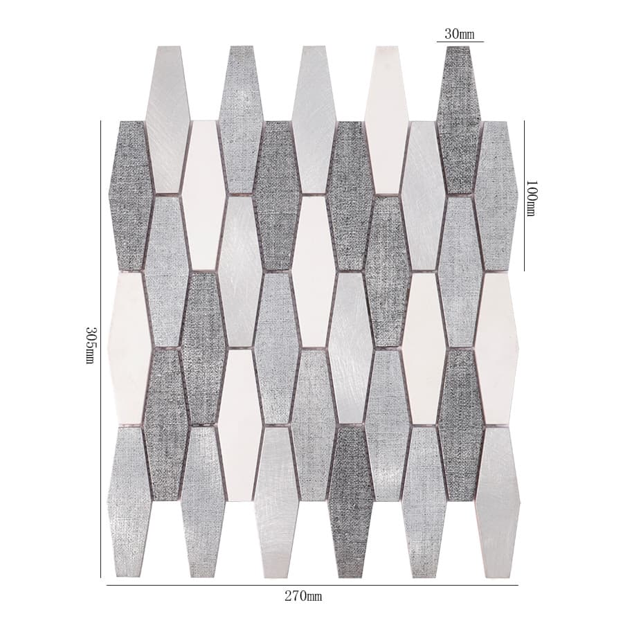 Silver aluminum diamond mosaic tile sheet with size measurements