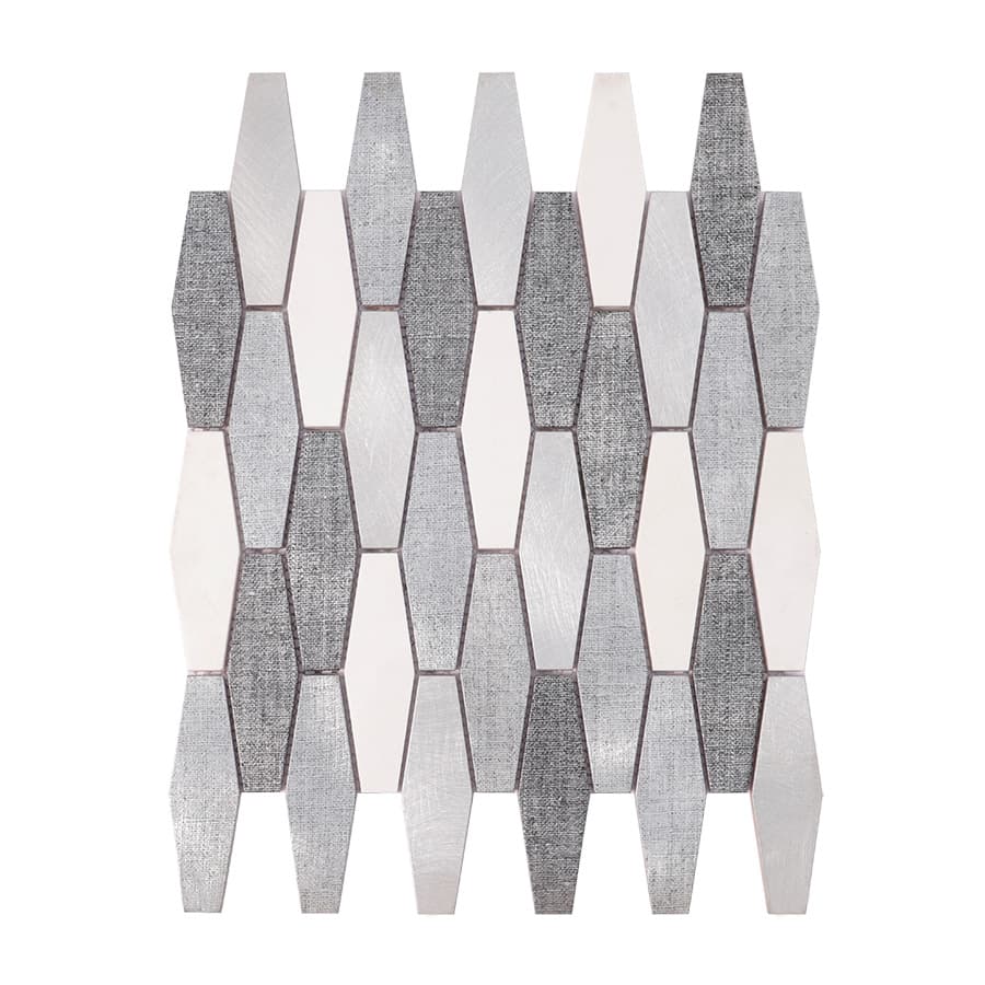 Front view of silver and white aluminum diamond mosaic tile sheet