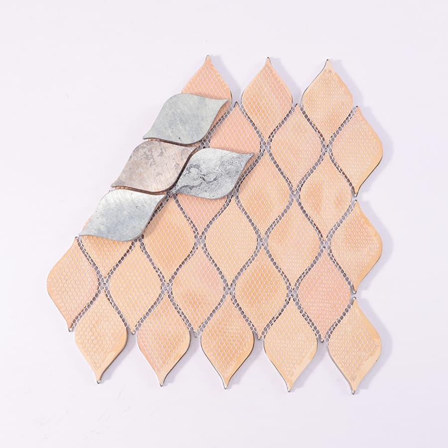 Back view of silver and bronze leaf mosaic tile with mesh backing