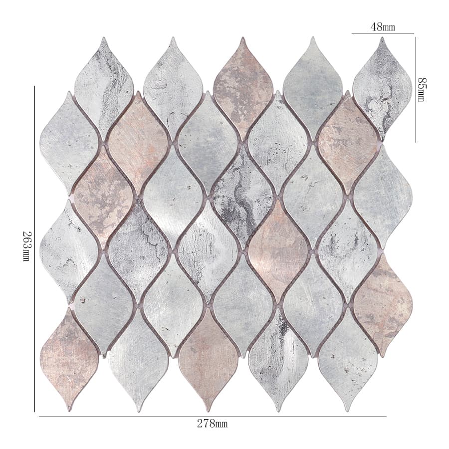 Silver and bronze leaf mosaic tile with size measurements