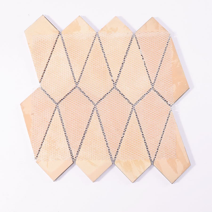 Back view of silver and copper diamond aluminum mosaic tile with mesh backing
