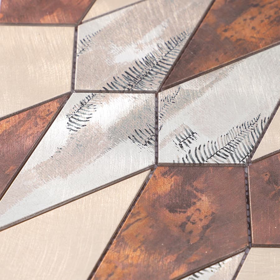 Diagonal angle view of silver and copper diamond aluminum mosaic tile