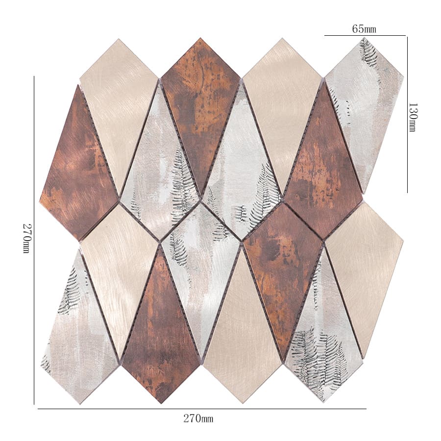 Silver and copper diamond aluminum mosaic tile with size measurements