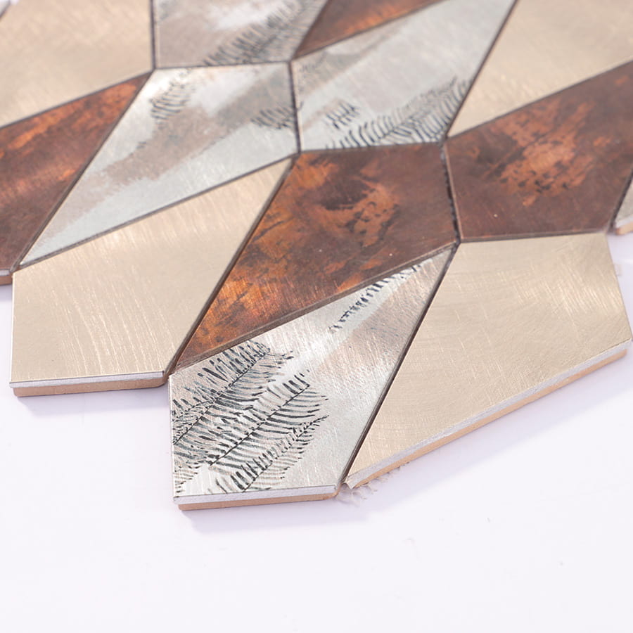 Side profile view of silver and copper diamond aluminum mosaic tile