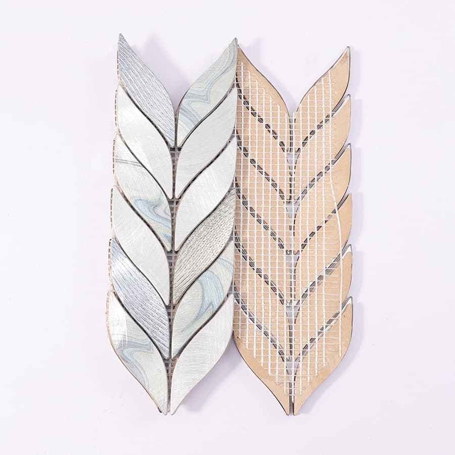 Back mesh of silver and blue feather leaf aluminum mosaic tile