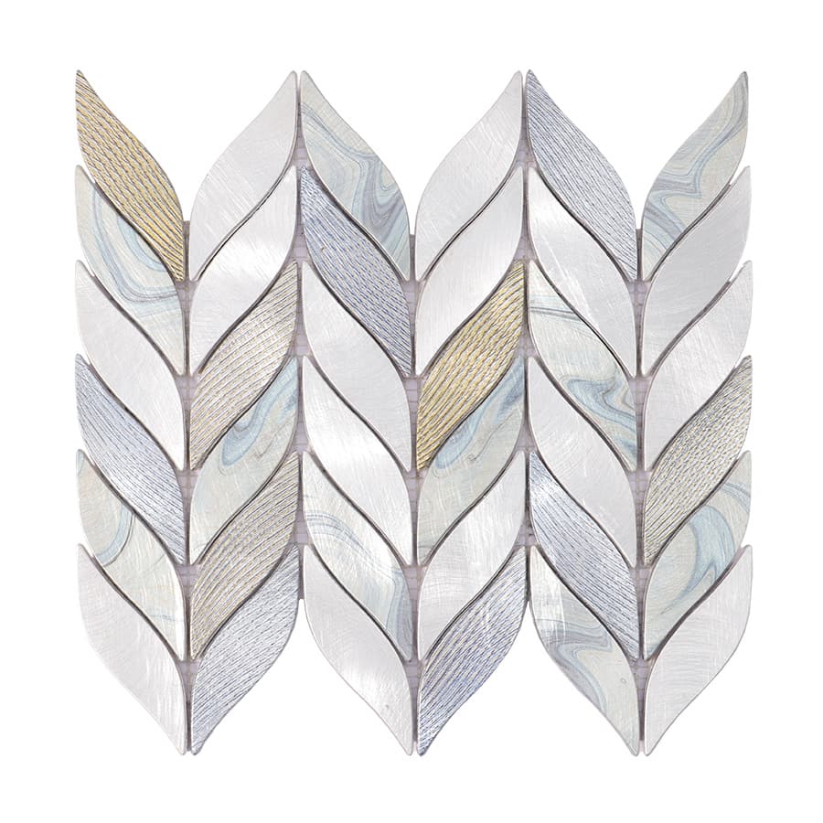 Silver and blue feather leaf aluminum mosaic tile full sheet display