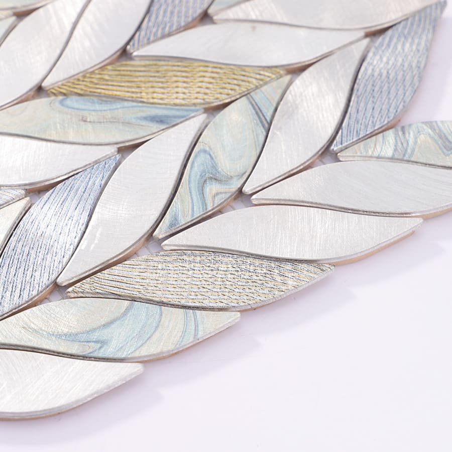 Side view of silver and blue feather leaf aluminum mosaic tile
