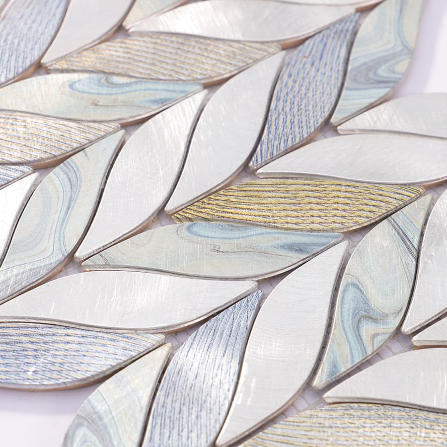 Detailed texture of silver and blue feather leaf aluminum mosaic tile