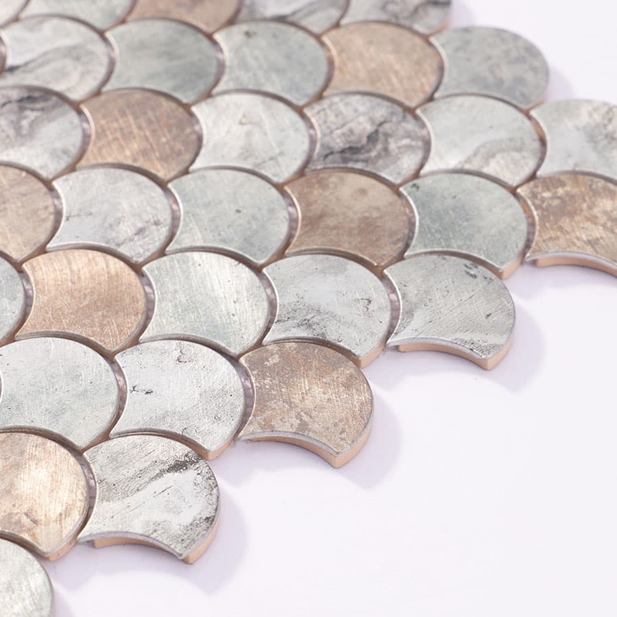 Edge closeup of silver and copper mix fish scale aluminum mosaic tiles