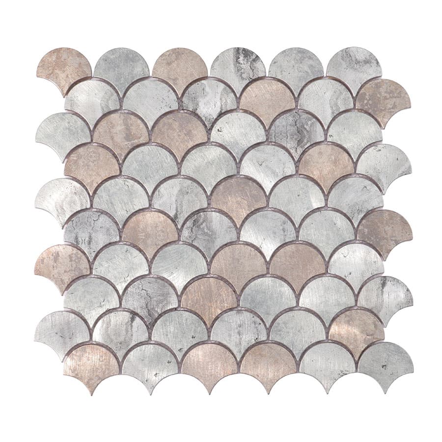 Front view of silver and copper mix fish scale aluminum mosaic wall tiles