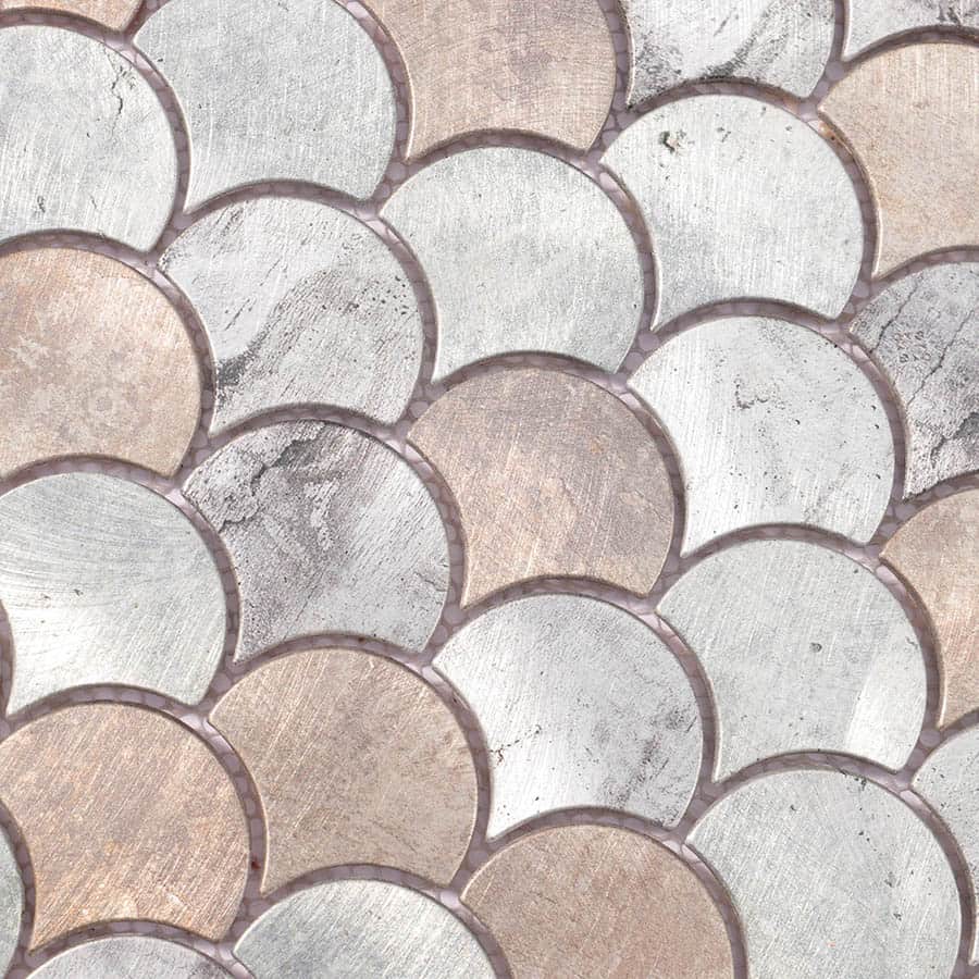 Surface detail of silver and copper mix fish scale aluminum mosaic wall tiles