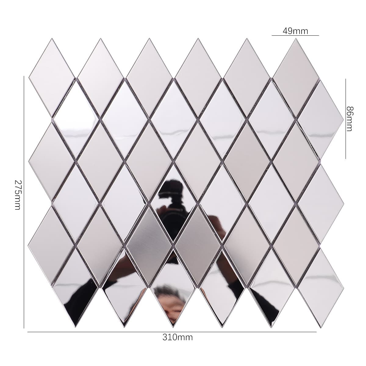 Silver diamond-shaped metal mosaic sheet with brushed and mirror finish