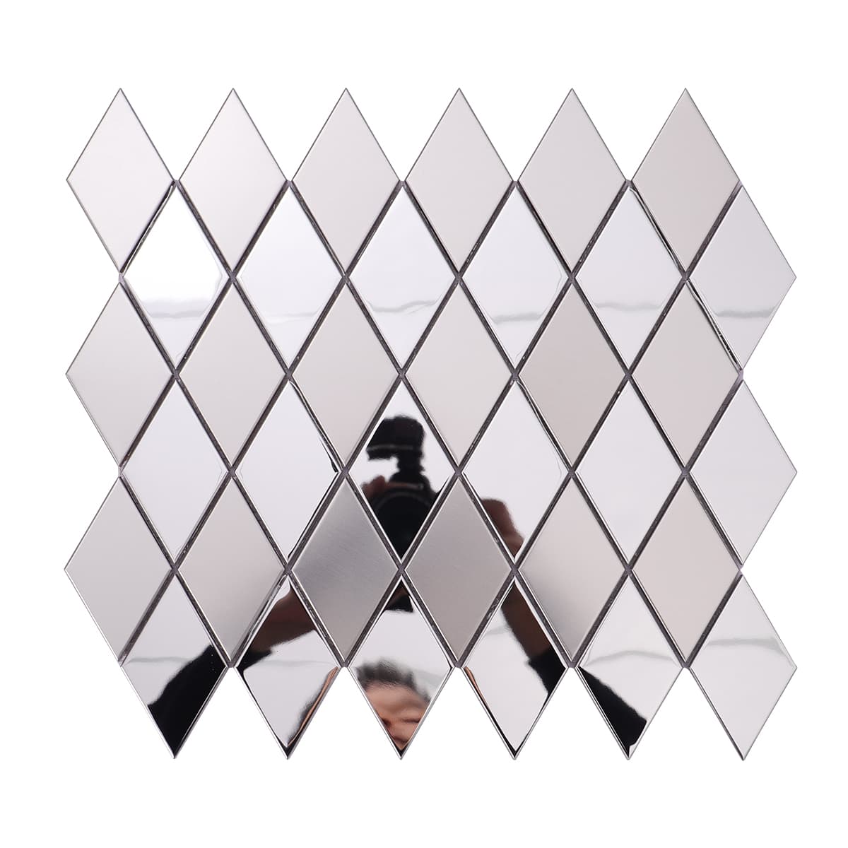 Front view of silver stainless steel diamond mosaic tiles