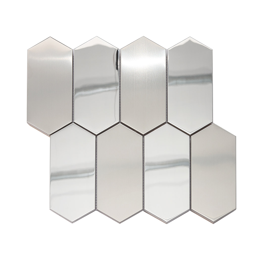Front view of a shiny silver elongated hexagon metal mosaic tile sheet for walls.