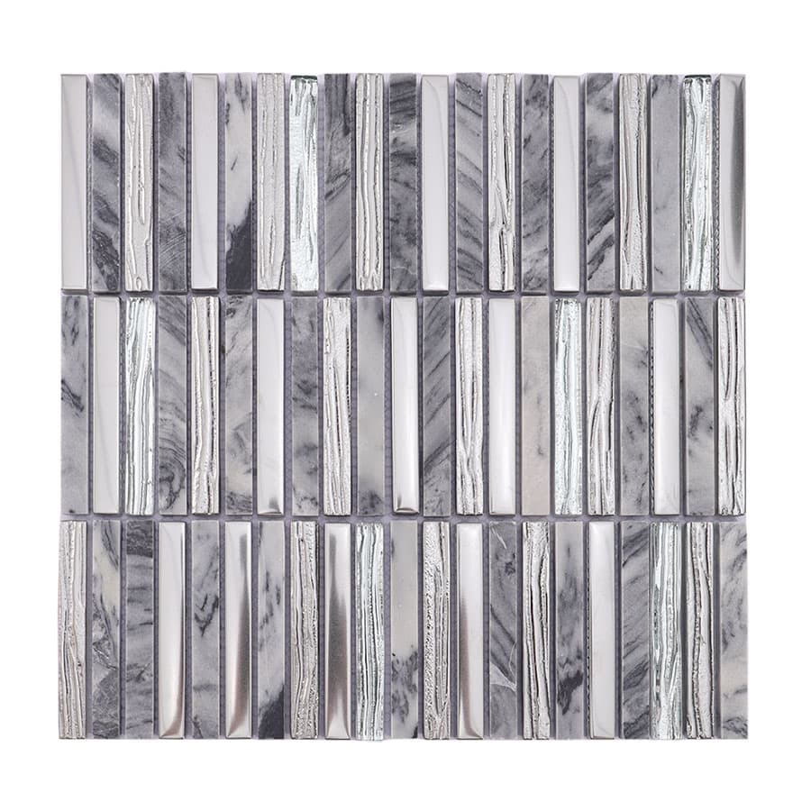 Full sheet of silver glass and gray marble strip mosaic tile