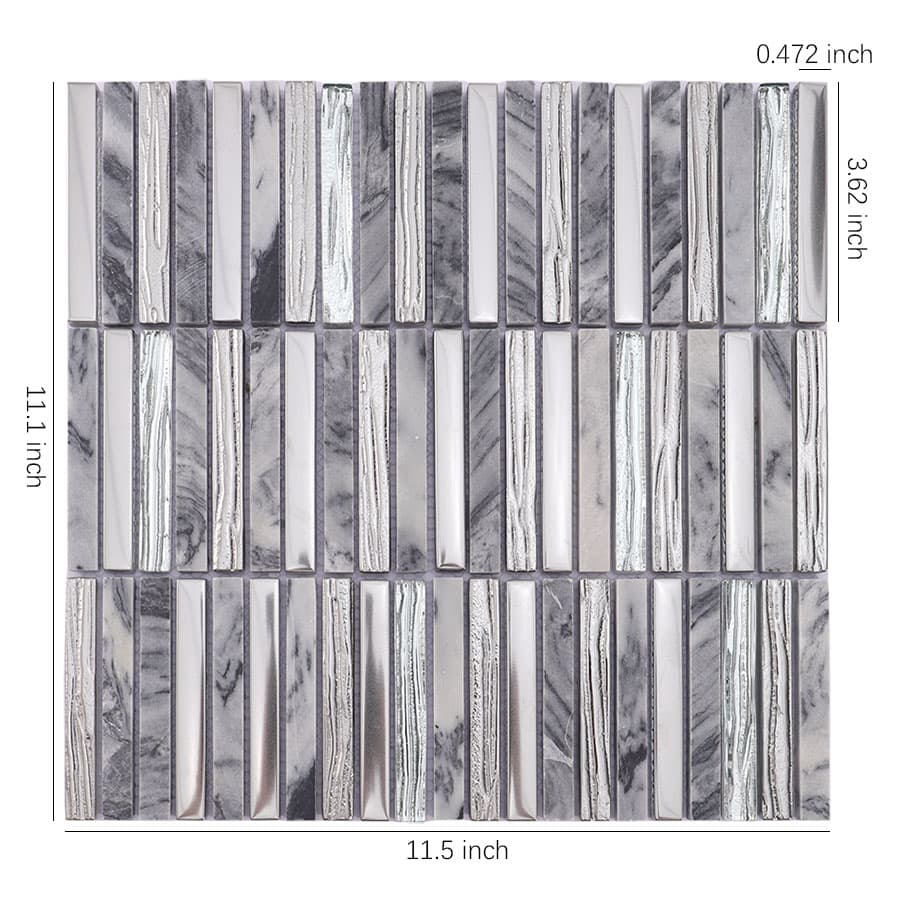 Silver glass and gray marble strip mosaic tile sheet with size measurements