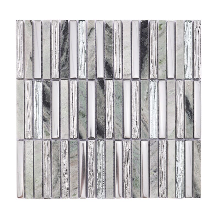 Full sheet of silver glass and green marble strip mosaic tile