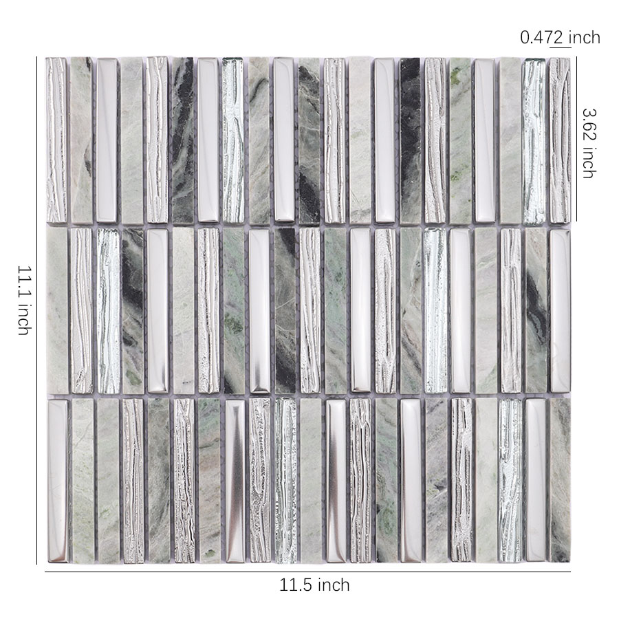Silver glass and green marble strip mosaic tile sheet with size measurements