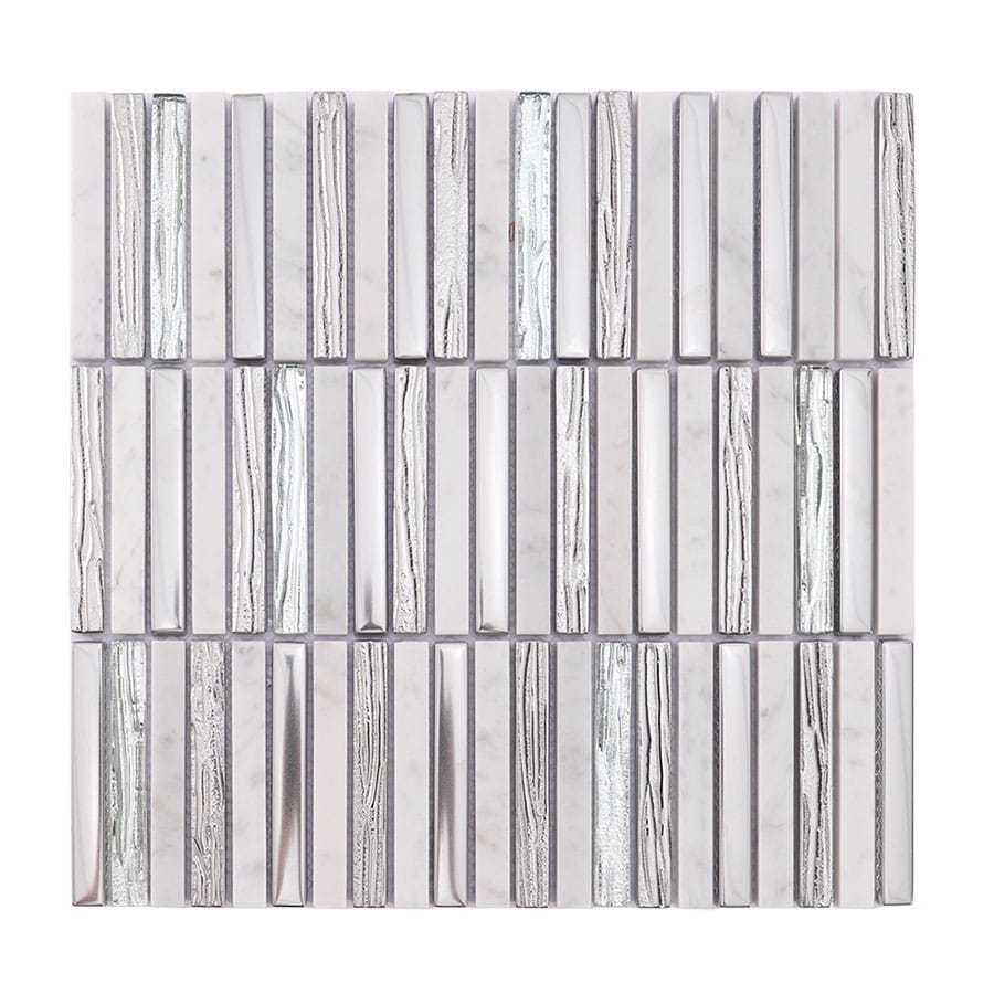 Full sheet of silver glass and white marble strip mosaic tile
