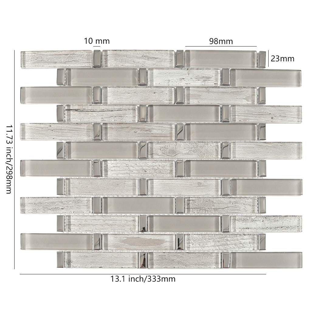 Silver gray glass linear mosaic tile sheet with 98x23mm long chips