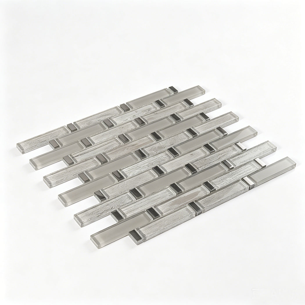 Perspective view of silver gray glass linear mosaic sample sheet