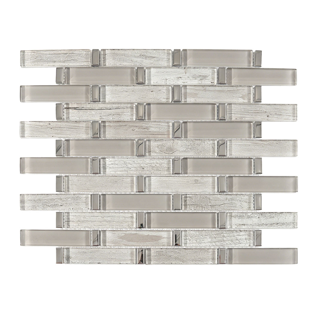 Silver gray glass linear mosaic tile sheet in staggered strip pattern