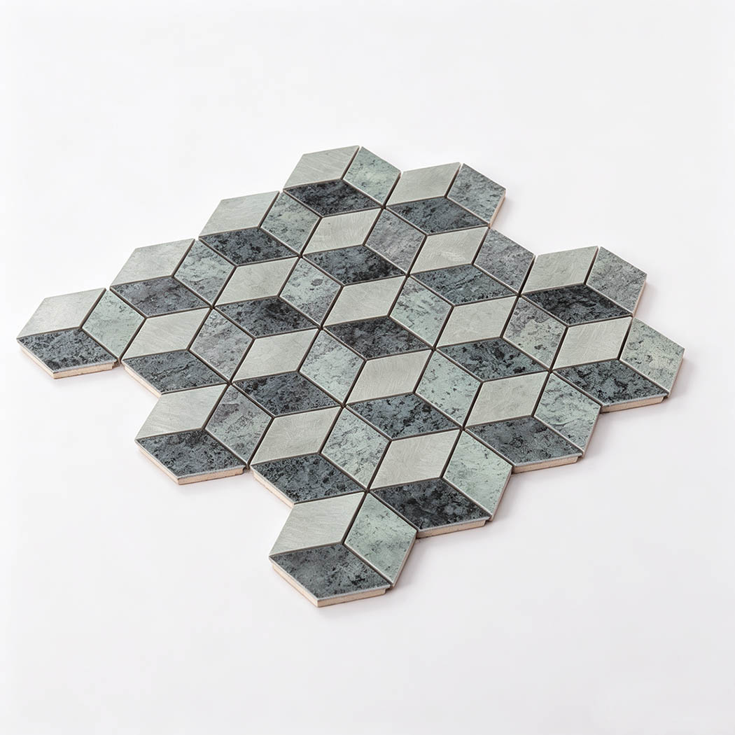 Angled view of silver and gray hexagon pattern aluminum mosaic tile